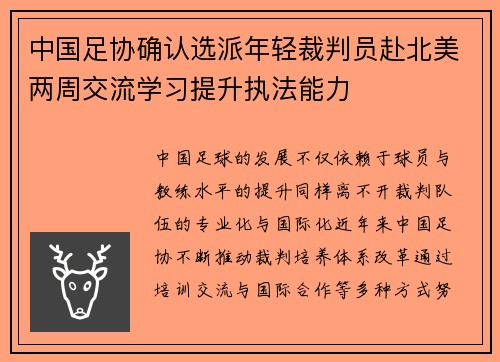 中国足协确认选派年轻裁判员赴北美两周交流学习提升执法能力